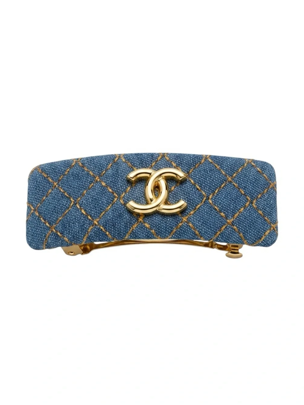 Blue Quilted Denim Barrette with Gold CC Hardware